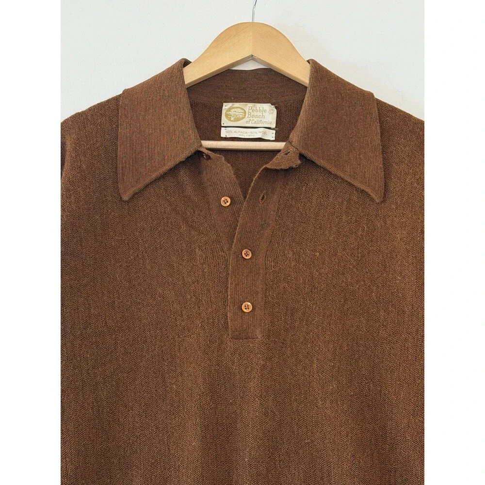 Pebble Beach Polo Sweater Mens Large Brown Alpaca Wool Blend Long Sleeve Vintage